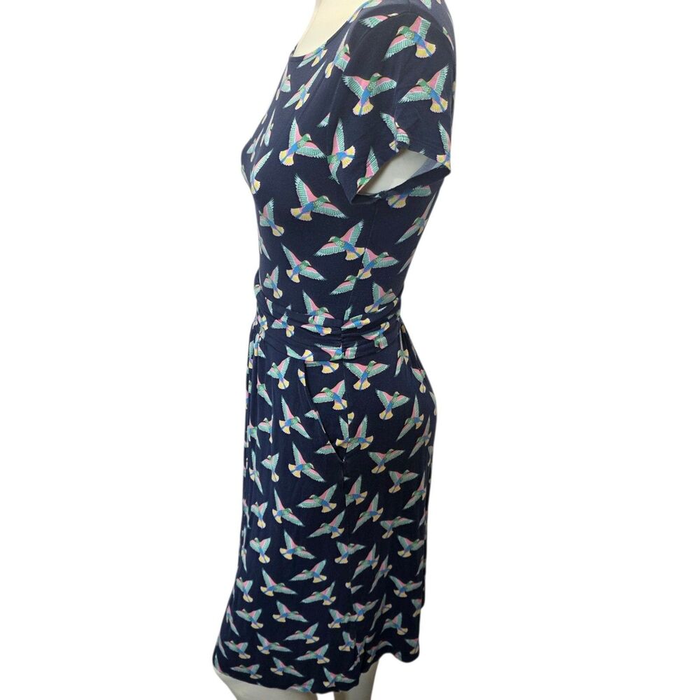 Boden‎ Navy Hummingbird Bird Print Jersey Dress Ruched Waist US 2R UK 6R - Picture 2 of 4